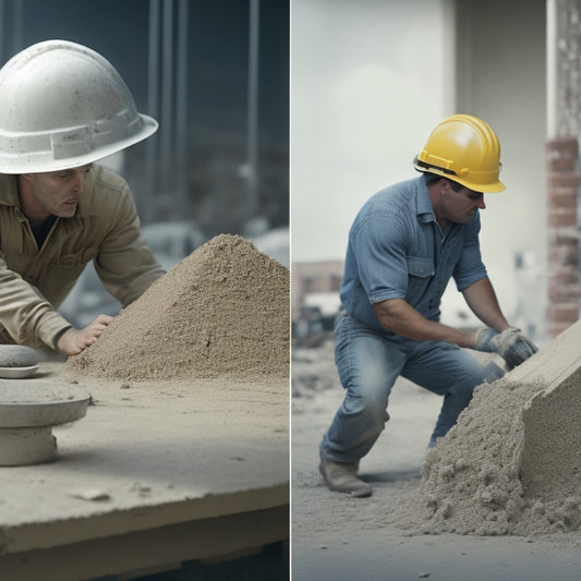 A split-screen image: a crumbling, cracked concrete foundation on the left, and a sturdy, smooth foundation with a mixer and construction hats in the background on the right.