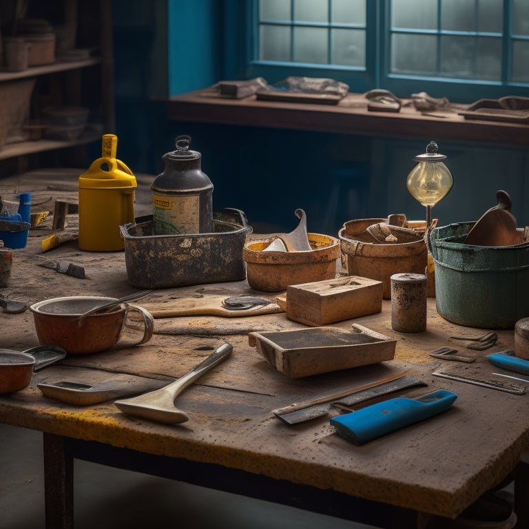 A cluttered, well-lit workshop table with various premixed materials (grout, adhesive, etc.) and an assortment of trowels in different sizes, shapes, and materials, with a subtle background of renovation tools.