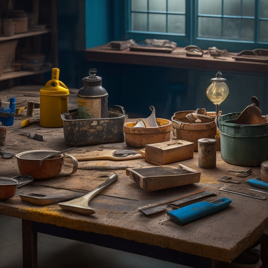 A cluttered, well-lit workshop table with various premixed materials (grout, adhesive, etc.) and an assortment of trowels in different sizes, shapes, and materials, with a subtle background of renovation tools.