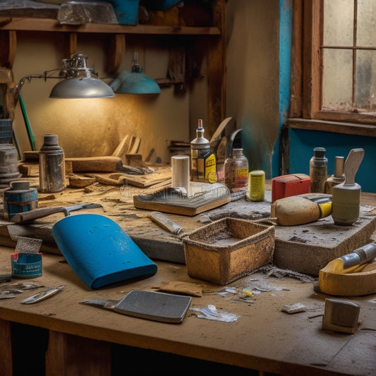 A cluttered workbench with a putty knife, joint compound, sandpaper, a trowel, a level, and a drill, surrounded by scraps of drywall and plaster, with a partially renovated wall in the background.