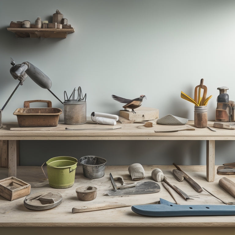 A clutter-free workbench with a variety of organized plastering tools, including a hawk, trowel, joint knife, and mixing bucket, against a clean white background with subtle shadows and soft lighting.