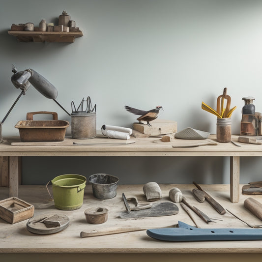 A clutter-free workbench with a variety of organized plastering tools, including a hawk, trowel, joint knife, and mixing bucket, against a clean white background with subtle shadows and soft lighting.