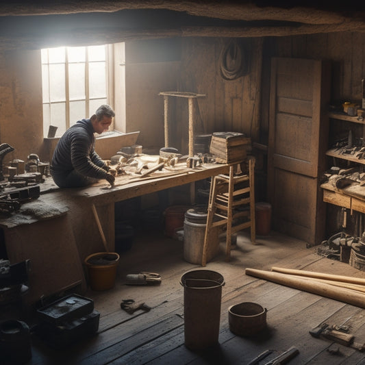 An overhead shot of a person in a dusty workshop, surrounded by tools and renovation materials, holding a wooden beam with a strong, well-made joint, with a warm, inviting light.