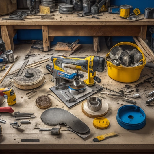 A cluttered workshop table with a mix of power tools, including a circular saw, impact driver, and miter saw, surrounded by scattered wall studs, drywall sheets, and scattered screws.