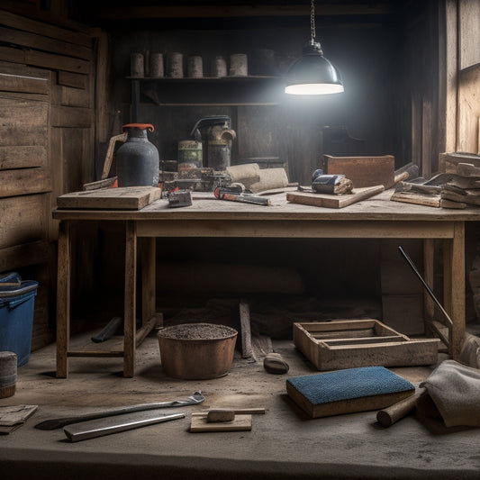 A cluttered workshop bench with various screeding tools scattered around, including a spirit level, notched trowel, and screed board, amidst a backdrop of renovation materials like cement bags and wooden planks.