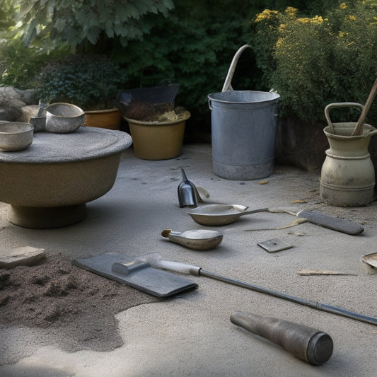 A worn, cracked concrete patio with a broken corner, surrounded by scattered tools and materials, including a mixing bucket, trowel, and bags of concrete mix, amidst a torn-up garden.