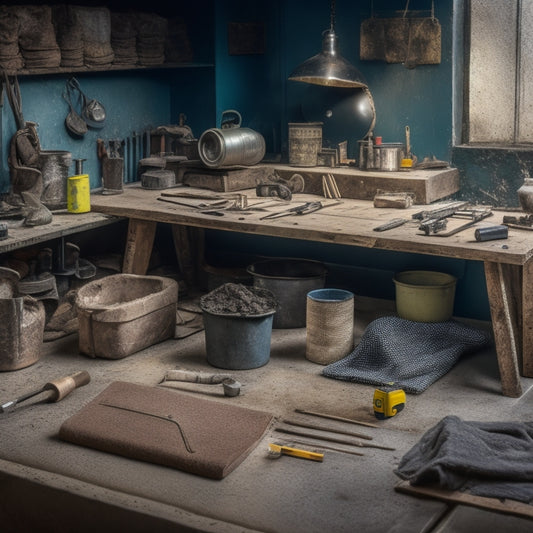 A cluttered workshop table with a variety of screed tools scattered across it, including a spirit level, tamping tool, and edger, surrounded by cement bags and scattered aggregate.