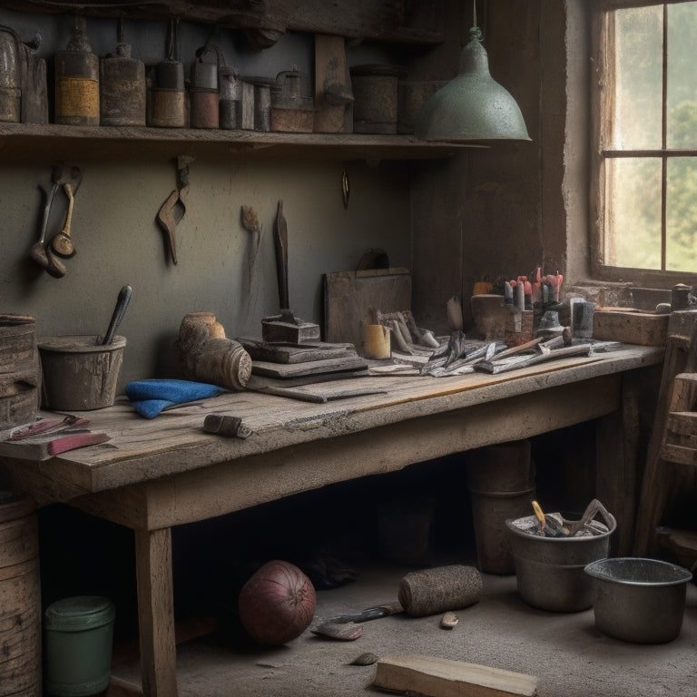 A cluttered, yet organized, workbench with a mix of new and worn-out plastering tools, such as a hawk, trowel, and joint knife, with a small, half-finished plastered wall in the background.