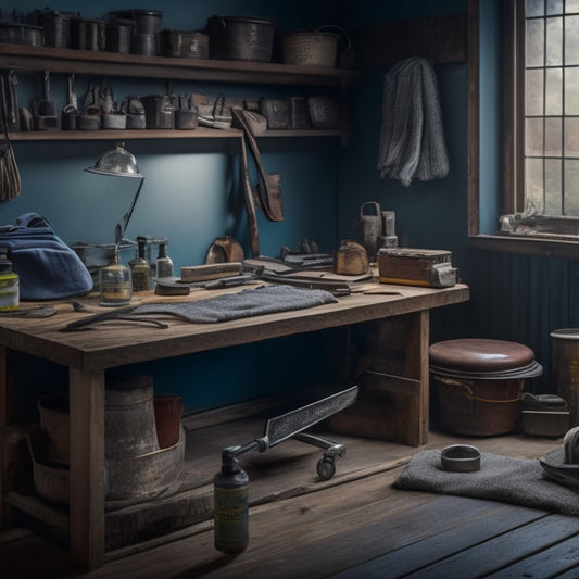 A clean, well-lit workshop bench with a neatly organized array of trowel maintenance tools, including a wire brush, cleaning solvent, and soft cloth, surrounding a central, gleaming trowel.