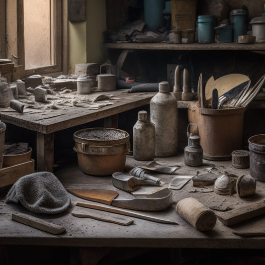 A cluttered workbench with a variety of DIY plaster renovation tools, including a putty knife, trowel, joint knife, and sandpaper, surrounded by scattered plaster dust and chunks of old plaster.