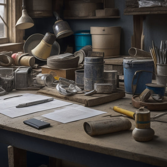 A cluttered workbench with a calculator, a bucket of cement, a level, a trowel, and a measuring tape surrounded by scattered blueprints and construction notes.