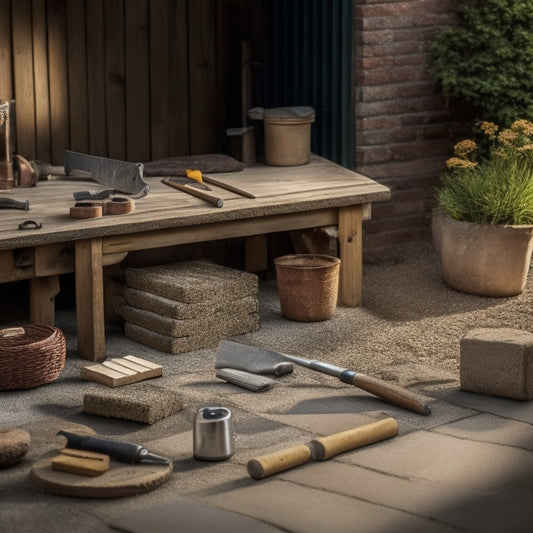 A wooden workbench cluttered with various DIY paving tools, including a spirit level, trowel, joint scraper, and hammer, surrounded by scattered paving stones and a half-finished patio project.