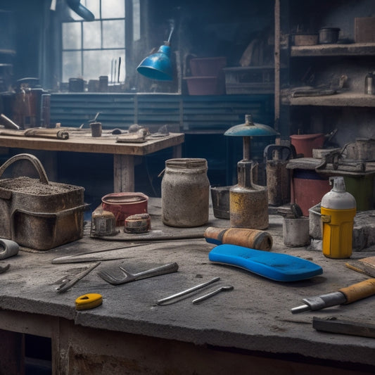 A cluttered workshop table with a worn, rusty cinder block wall in the background, surrounded by various renovation tools including trowels, levels, jointers, and safety gear like goggles and gloves.