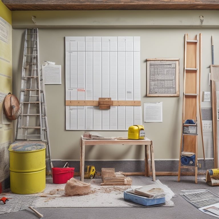 A cluttered renovation site with a half-finished wall, scattered tools, and a ladder, contrasted with a clipboard holding a checklist, surrounded by a subtle grid of measuring tapes and building plans.