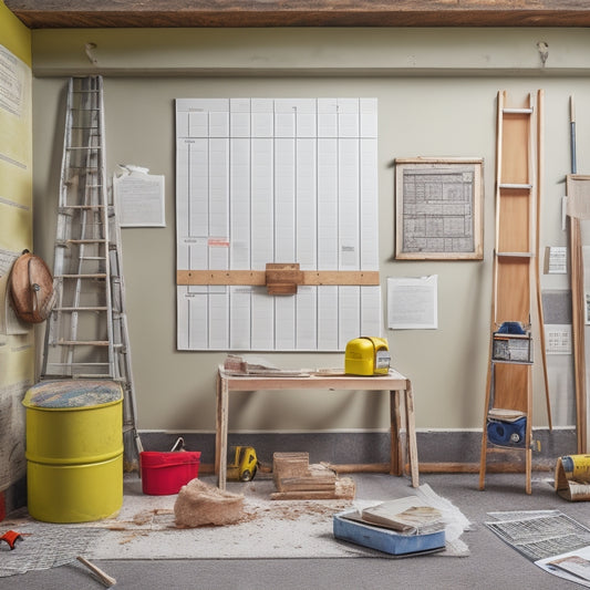 A cluttered renovation site with a half-finished wall, scattered tools, and a ladder, contrasted with a clipboard holding a checklist, surrounded by a subtle grid of measuring tapes and building plans.