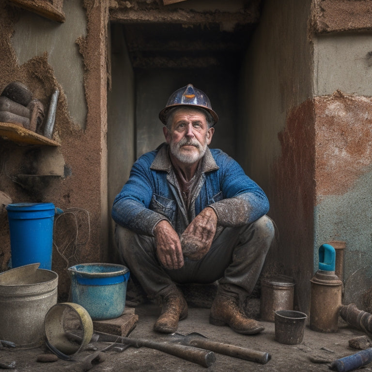 A worn, crumbling exterior wall with cracks, peeling paint, and rusty pipes, surrounded by scattered tools, broken tiles, and a half-completed renovation mess, set against a backdrop of a concerned homeowner's worried face.
