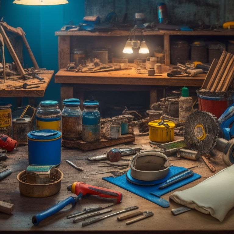 A cluttered workshop table with a variety of tools, including a cordless drill, level, tape measure, hammer, and safety goggles, surrounded by renovation materials like lumber, pipes, and paint cans.