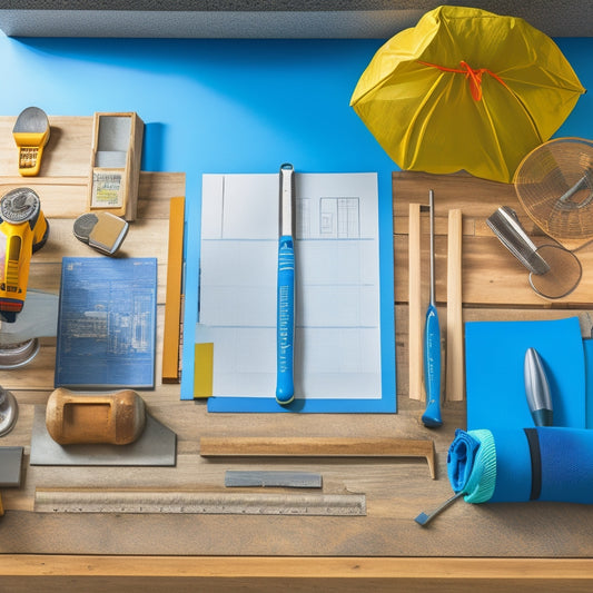 A photograph of a tidy, well-organized renovation workspace with a variety of tools and materials, including a tape measure, level, hammer, drill, and blueprints, surrounded by partially renovated walls and flooring.