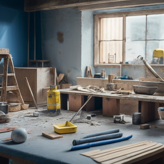 A cluttered construction site with various concrete trowels scattered on a wooden workbench, amidst scattered blueprints and renovation tools, with a blurred background of a partially renovated room.