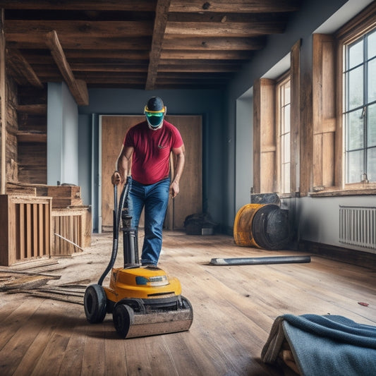 An image depicting a person in a safety mask and goggles, operating a floor scarifier on a worn-out wooden floor, with wooden planks and renovation tools scattered around, in a bright and airy room.