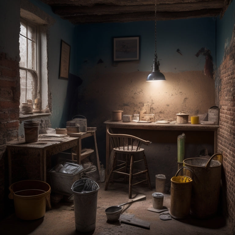 A cluttered, dimly lit small room with peeling wallpaper, exposed brick, and a ladder leaning against the wall, surrounded by scattered plastering tools, including a trowel, hawk, and mixing bucket.