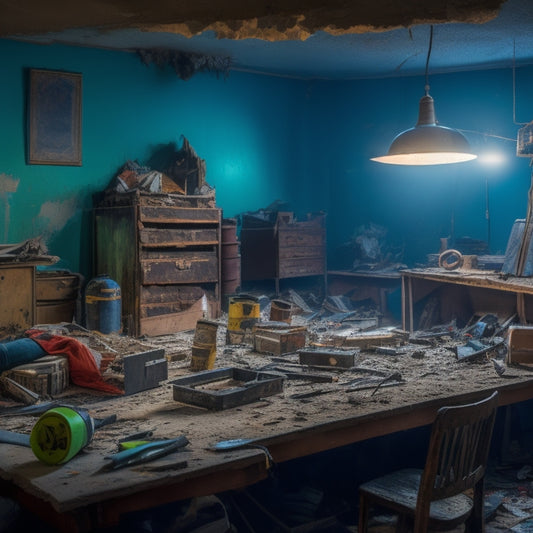 A cluttered, dimly lit room with torn wallpaper, exposed wiring, and a demolished wall, surrounded by scattered DIY tools like hammers, drills, and pry bars, amidst a sea of dust and debris.