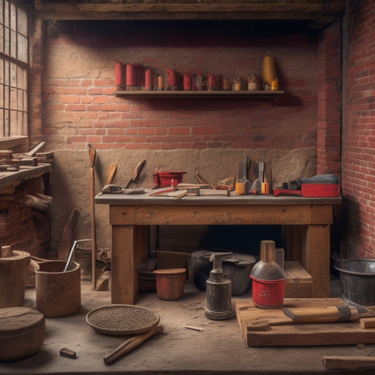 A cluttered but organized workbench with various masonry tools, including a trowel, level, hammer, chisel set, jointer, and mixer, surrounded by stacks of bricks, blocks, and mortar.