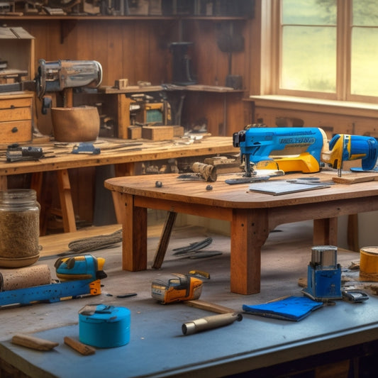 A cluttered workshop table with a circular saw, drill press, impact driver, and tape measure, surrounded by woodworking scraps, with a faintly visible blueprint in the background.