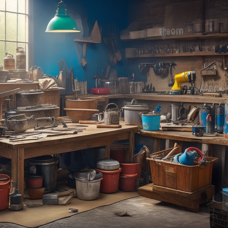 A cluttered workshop background with various DIY tools and materials scattered around, featuring 5-7 mixers of different sizes and brands on a central wooden workbench, surrounded by buckets, tiles, and renovation materials.