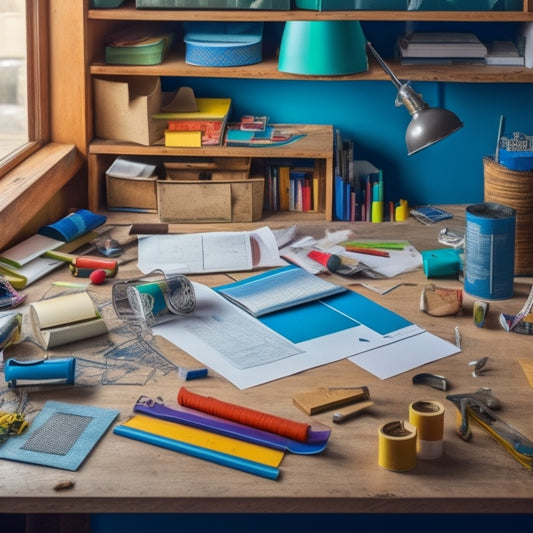 A cluttered, yet organized, workspace with a large, unfolded blueprint of a house on a wooden table, surrounded by scattered construction papers, colorful pens, and a few scattered tools like a hammer and tape measure.
