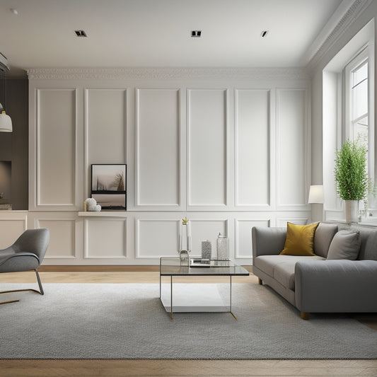 An elegant, modern living room with a partially renovated wall, showcasing a stark contrast between the finished, smooth, white-painted section and the unfinished, rough, drywall section with exposed screws.