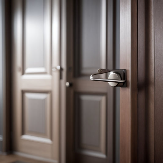 A photo of a renovated interior door with a sleek, minimalist handle in a satin nickel finish, juxtaposed with a traditional, bulky handle in the background, on a rustic wooden door.