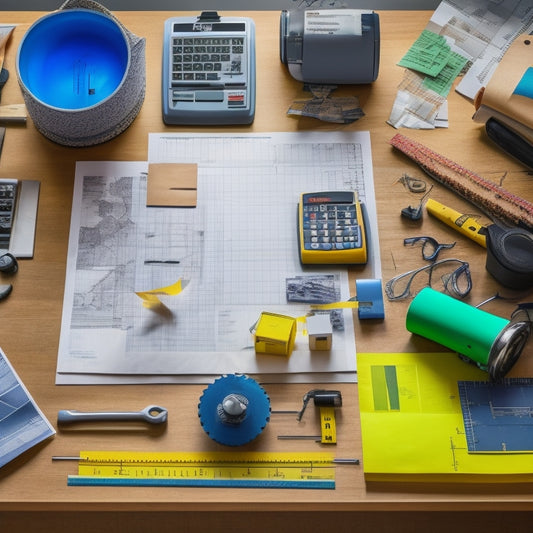 An organized workspace with various measuring tools, such as a tape measure, level, and calculator, surrounded by partially unrolled blueprints and scattered conversion charts with colorful graphs and diagrams.