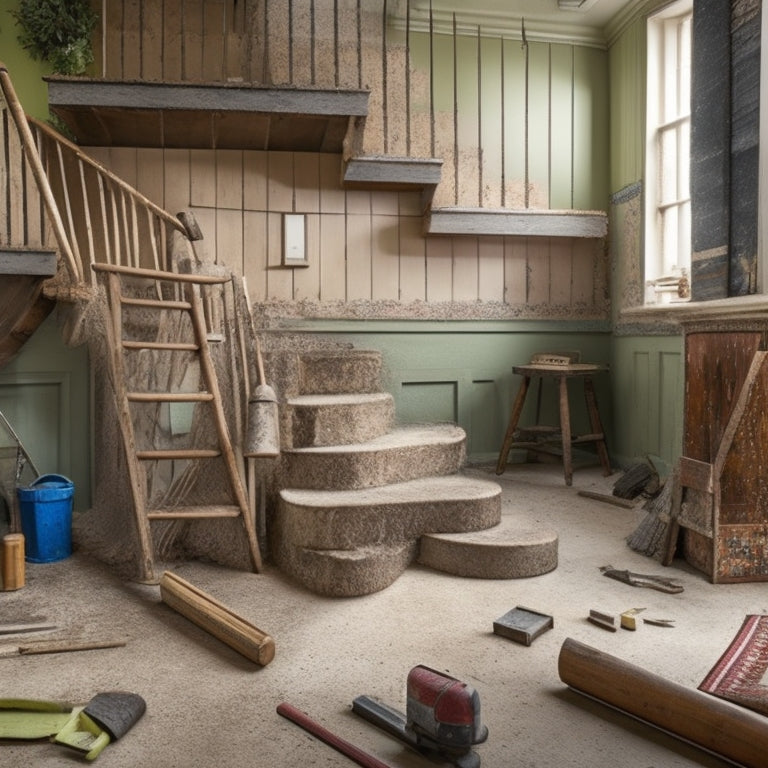 A tidy, partially renovated staircase with worn carpet removed, revealing worn wooden treads and risers, surrounded by scattered renovation tools, such as a hammer, level, and sandpaper.