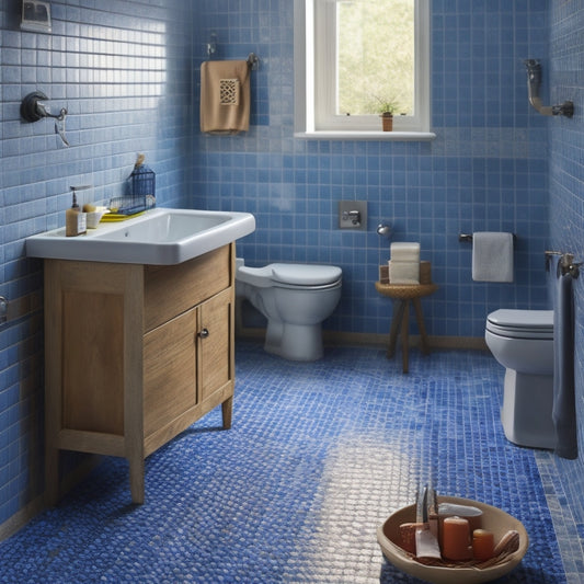 A beautifully tiled bathroom with a subtle grout line, a grout float lies nearby on a half-finished tile, surrounded by scattered tiles, a bucket, and a few scattered tools.
