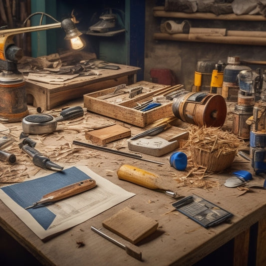 A cluttered workshop table with a variety of tools, including a cordless drill, level, tape measure, and socket set, surrounded by scattered wood shavings and scattered blueprints.