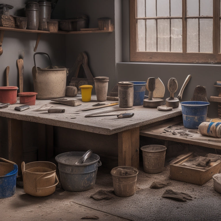 A cluttered workbench with five distinct plastering tool sets, each containing a putty knife, trowel, and hawk, surrounded by scattered plaster dust, mixing buckets, and half-finished renovation projects.