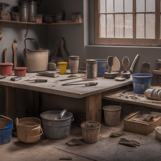 A cluttered workbench with five distinct plastering tool sets, each containing a putty knife, trowel, and hawk, surrounded by scattered plaster dust, mixing buckets, and half-finished renovation projects.