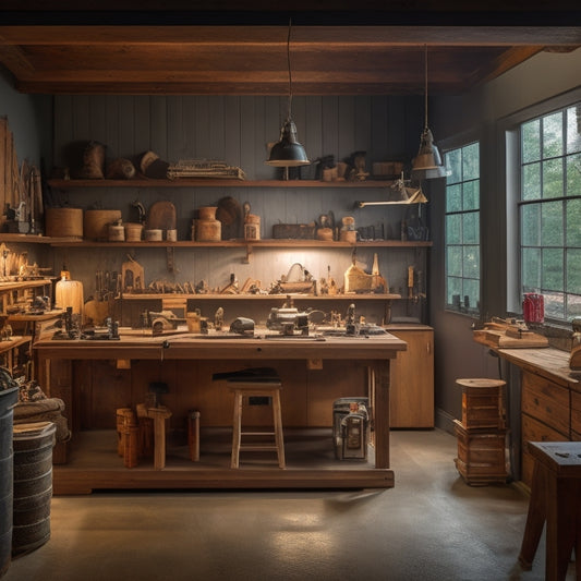 A well-lit, organized workshop with a refurbished wooden workbench, surrounded by high-end decorative finishing tools, including a router, sander, and miter saw, amidst a backdrop of partially renovated interior walls and floors.