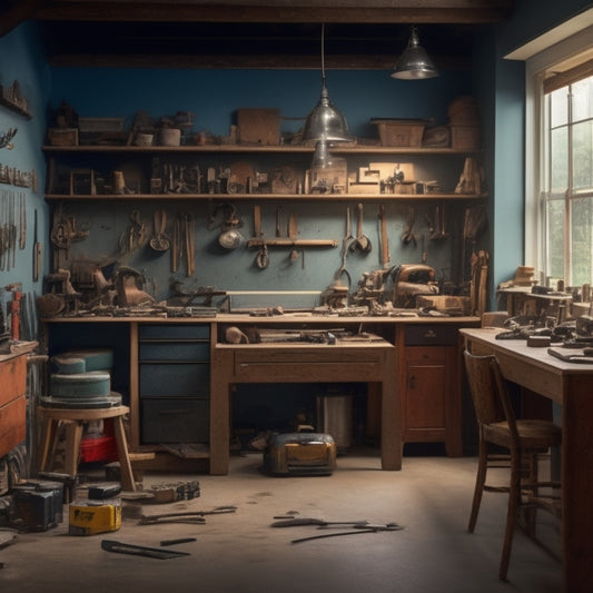 A cluttered workshop with various power tools, a partially assembled cabinet, and a blueprint on a workbench, surrounded by a faint outline of a renovated living room in the background.