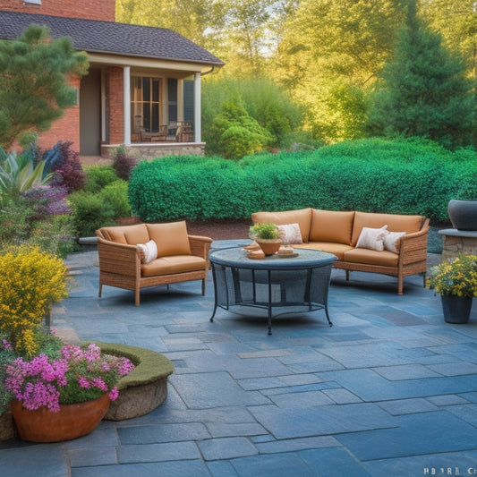 A serene outdoor patio scene with various sealant color swatches placed alongside different stone pavers, surrounded by lush greenery and a few outdoor furniture pieces, with a subtle natural stone wall in the background.