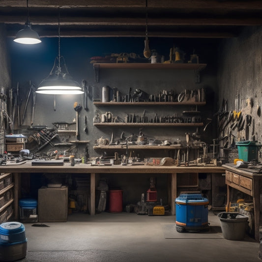 A cluttered, well-lit workshop with a central workbench, surrounded by shelves stocked with various concrete tools, including a mix of trowels, levels, and power tools, amidst a backdrop of concrete blocks and renovation materials.