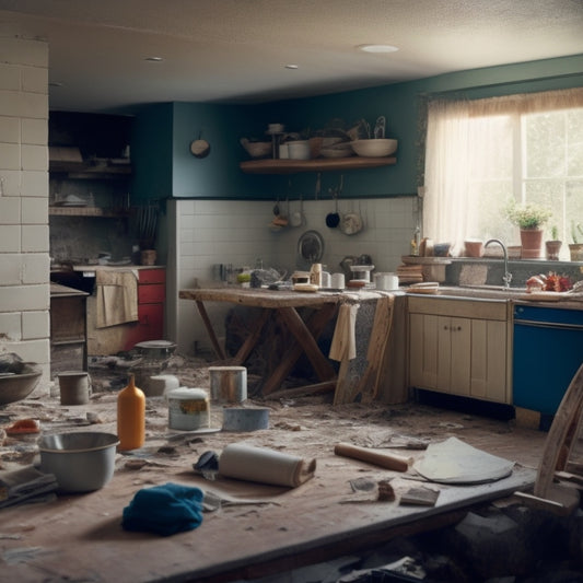 A messy living room with tools and materials scattered around, a torn-out wall, and a single ladder leaning against a partially demolished kitchen island.