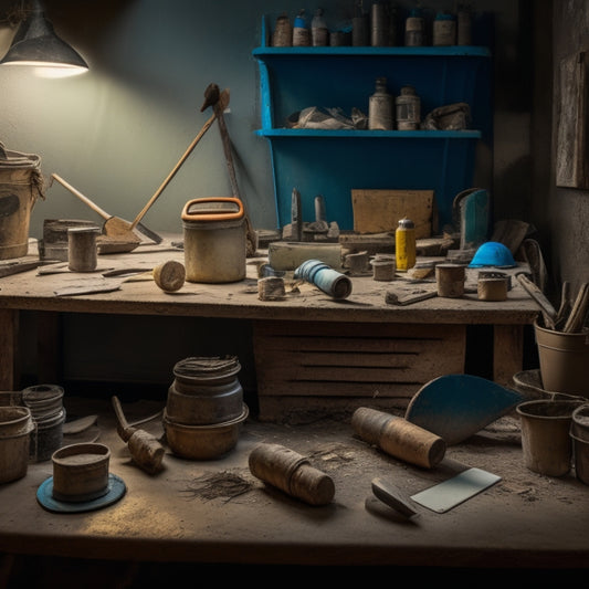 A cluttered, well-lit workshop table with various budget-friendly plastering tools scattered across it, including a trowel, hawk, joint knife, and mixing bucket, surrounded by scattered plaster dust and debris.