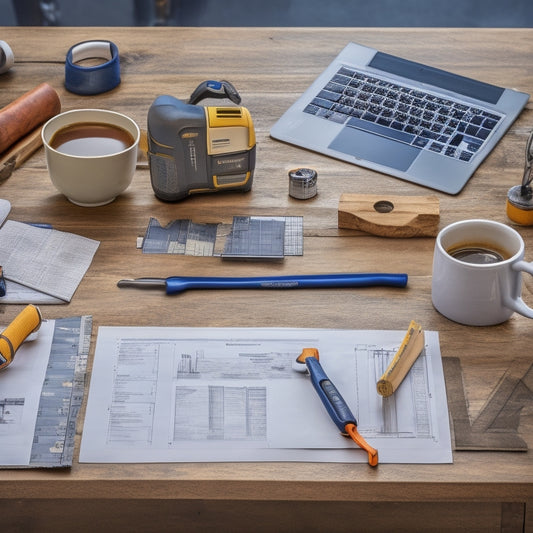 A clutter-free, well-organized workspace with a hammer, tape measure, level, and power drill on a wooden table, surrounded by blueprints, coffee cups, and a laptop, with a blurred background of a renovation site.