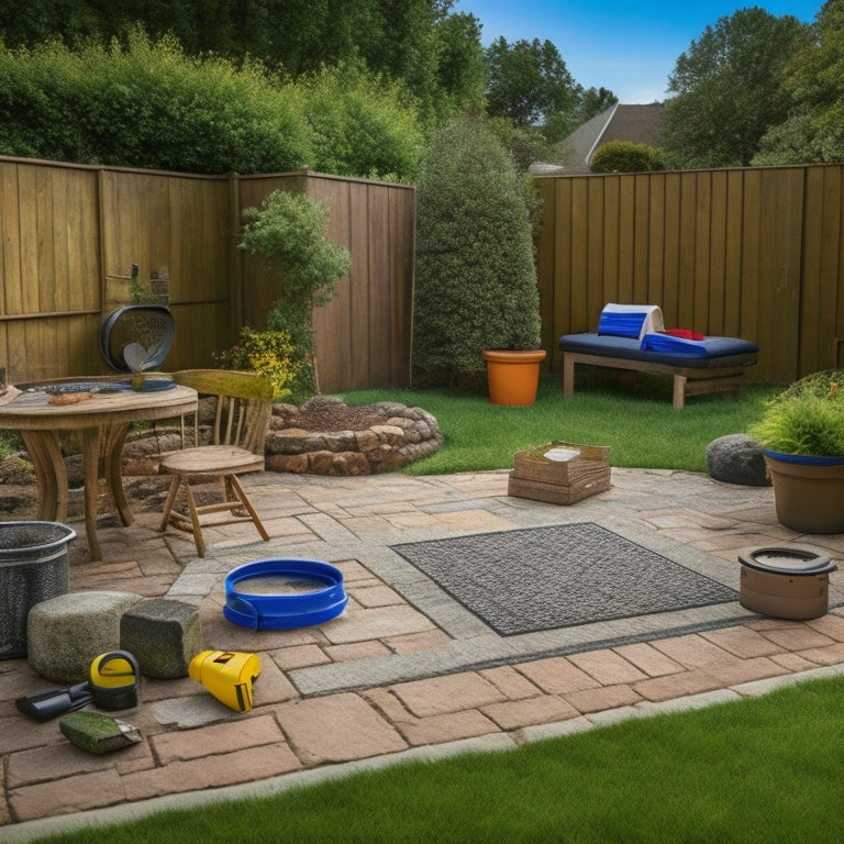 A scenic backyard with a torn-out old patio, a measuring tape coiled on the grass, and a contractor's toolbox open in the foreground, surrounded by scattered paving stones and a faint grid pattern.
