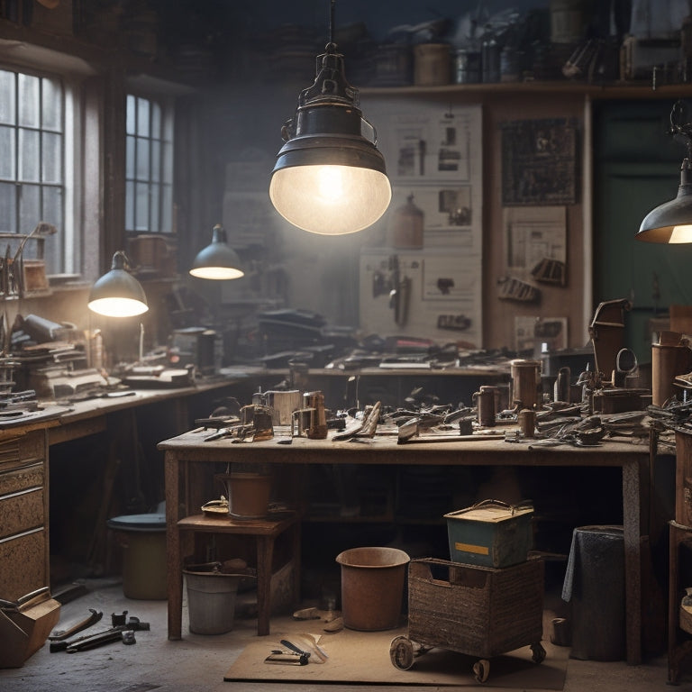 A cluttered workshop with various tools scattered around, with a few renovation projects in progress, and a faint blueprint of a house in the background, illuminated by a single desk lamp.