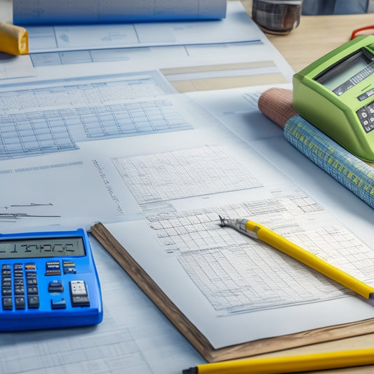 An illustration of a clipboard with a measuring tape wrapped around it, surrounded by scattered blueprints, calculators, and cost estimate sheets, with a blurred block wall renovation site in the background.