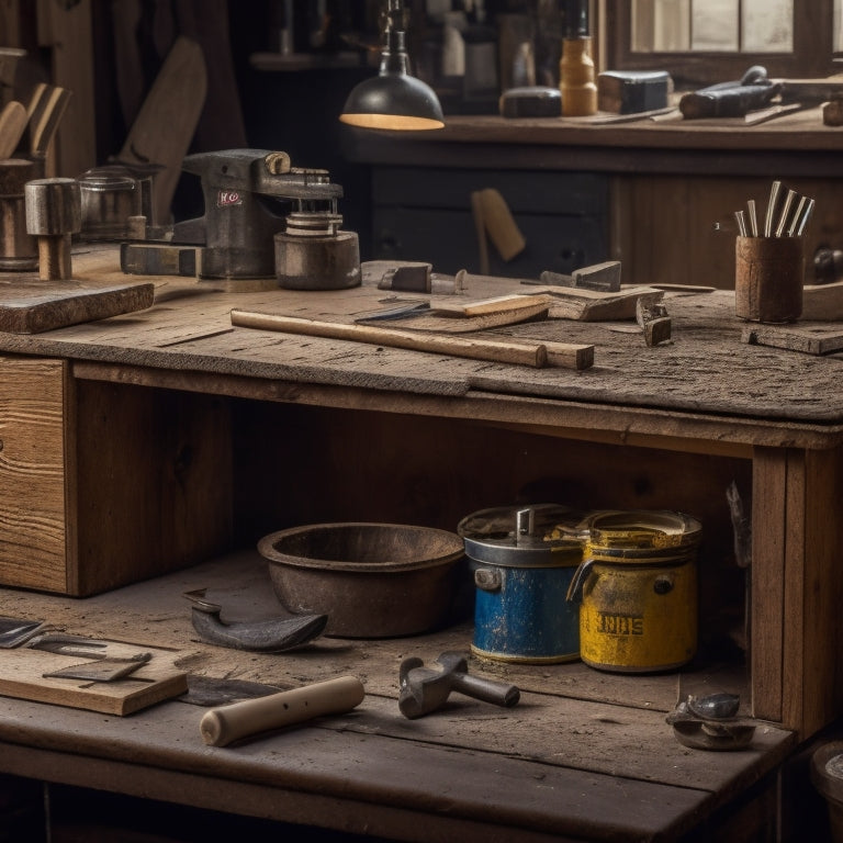 A cluttered workbench with various jointing tools, including a biscuit joiner, domino joiner, and mortise and tenon machine, surrounded by wooden planks and scattered sawdust.