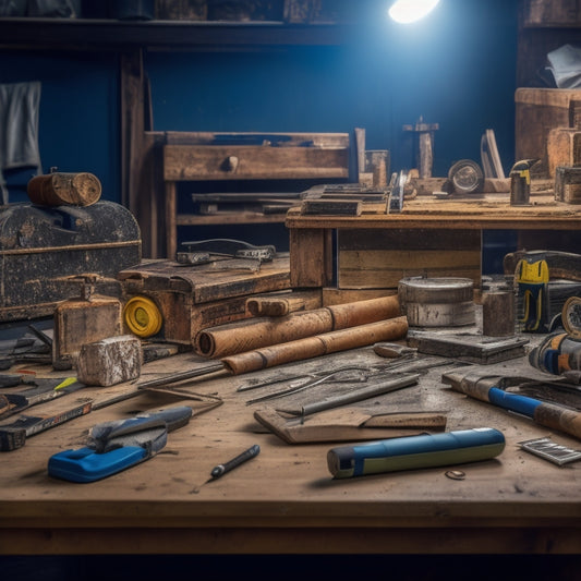 A cluttered workshop background with a collection of leveling tools, including a spirit level, laser level, and torpedo level, arranged artfully on a wooden workbench amidst scattered blueprints and renovator's tools.